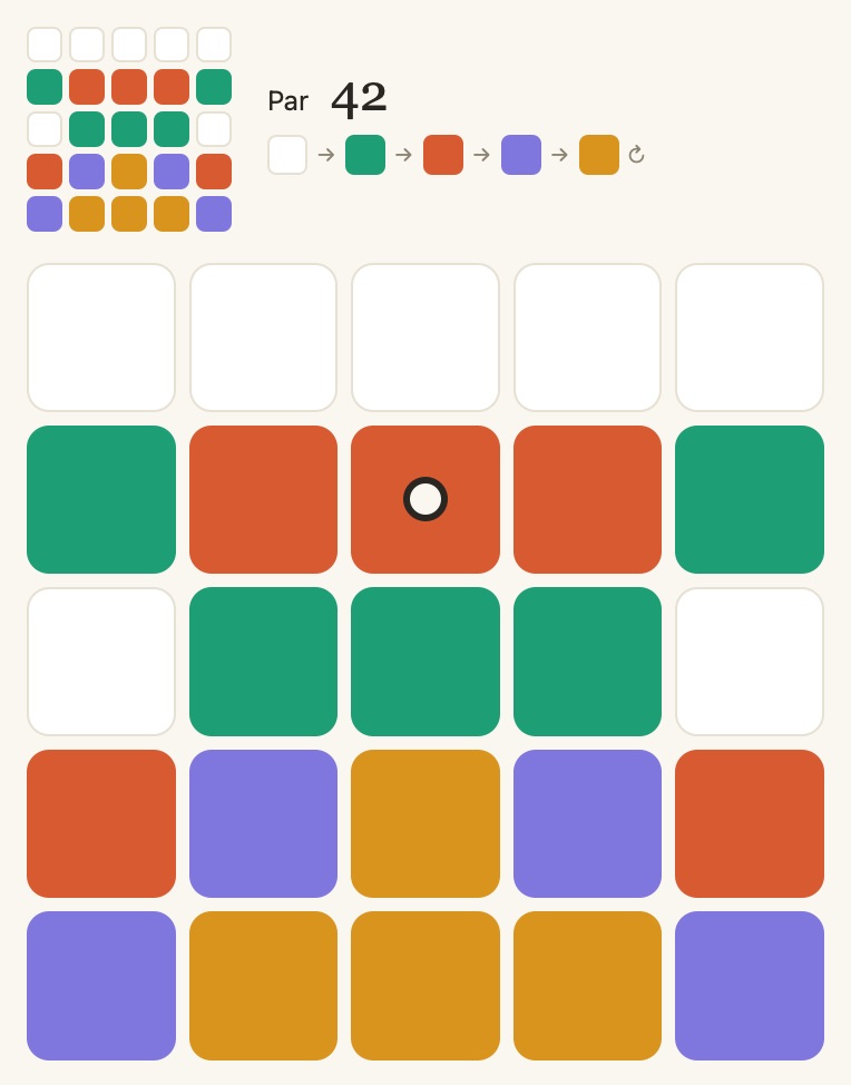 A solved cwilt puzzle: a five-by-five patchwork in green, orange, purple and yellow.